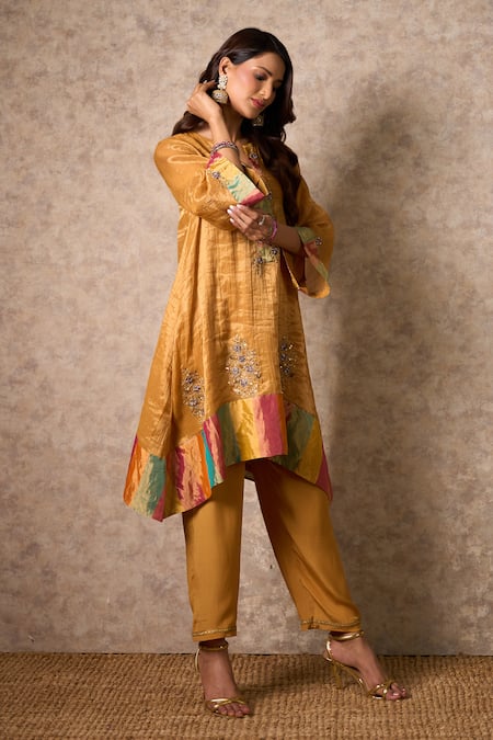 Shop_Priti Prashant_Yellow Tissue, Crepe Embroidery Round Neck Zing Ochre Kurta Set _Online_at_Aza_Fashions
