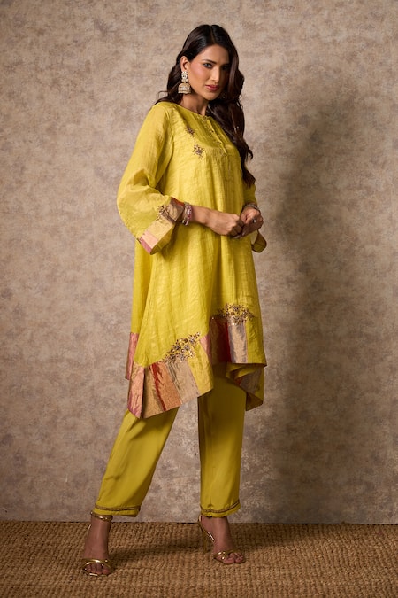 Shop_Priti Prashant_Yellow Tissue, Crepe Embroidery Round Neck Zing Kurta Set _Online_at_Aza_Fashions
