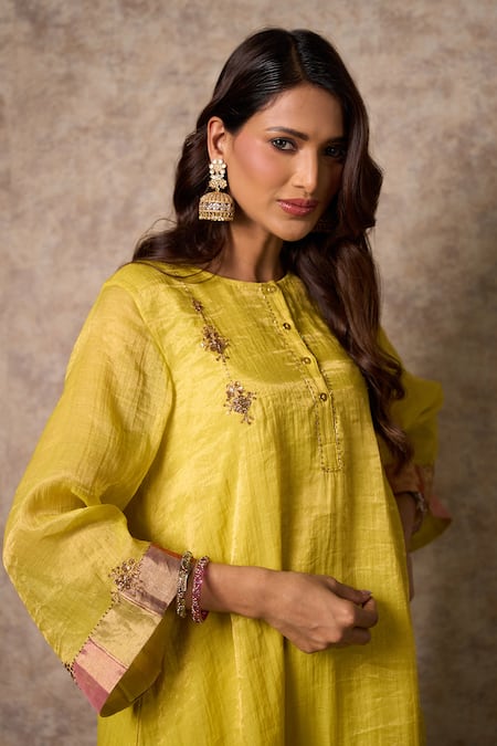 Priti Prashant_Yellow Tissue, Crepe, Organza Embroidery Round Neck Zing Kurta Set With Dupatta _Online_at_Aza_Fashions