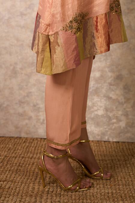 Shop_Priti Prashant_Peach Tissue, Crepe Embroidery Round Neck Zing Kurta Set _Online_at_Aza_Fashions