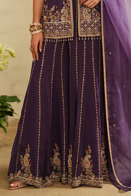 Shop_Saisha_Purple Georgette, Silk, Organza Sequins, Embroidery V-neck Kurta Set _Online_at_Aza_Fashions