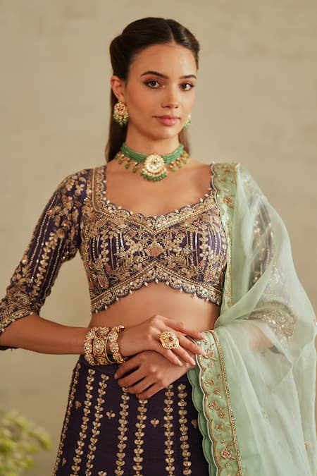 Saisha_Purple Silk, Organza Beads, Sequins, Embroidery Square Neck Raw Lehenga Set _Online_at_Aza_Fashions