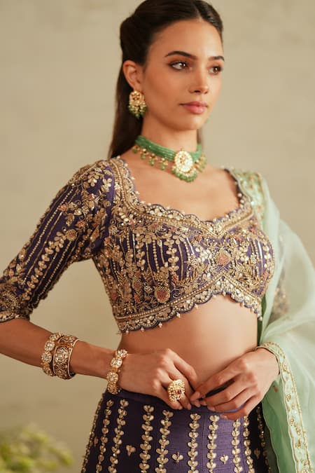 Buy_Saisha_Purple Silk, Organza Beads, Sequins, Embroidery Square Neck Raw Lehenga Set _Online_at_Aza_Fashions