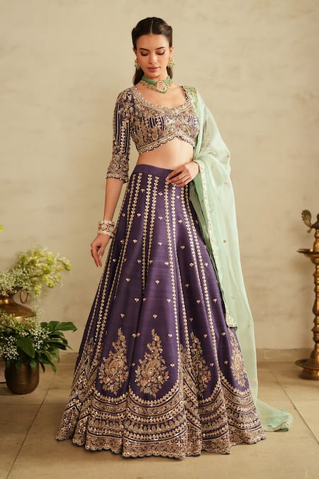 Shop_Saisha_Purple Silk, Organza Beads, Sequins, Embroidery Square Neck Raw Lehenga Set _Online_at_Aza_Fashions