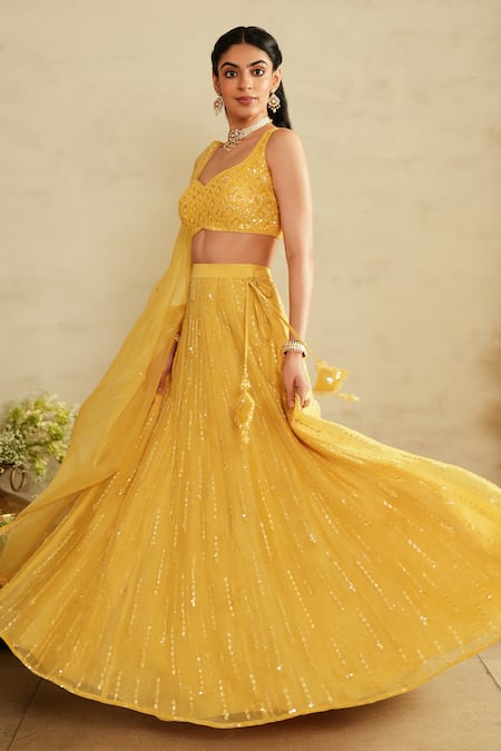 Saisha_Yellow Silk, Organza Sequins, Embroidery Lemon Embellished Lehenga Set _Online_at_Aza_Fashions