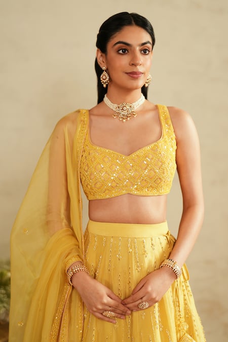 Buy_Saisha_Yellow Silk, Organza Sequins, Embroidery Lemon Embellished Lehenga Set _Online_at_Aza_Fashions