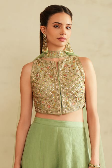 Saisha_Aqua Silk, Chiffon, Organza Sequins, Embroidery Round Neck Green Blouse Set _Online_at_Aza_Fashions