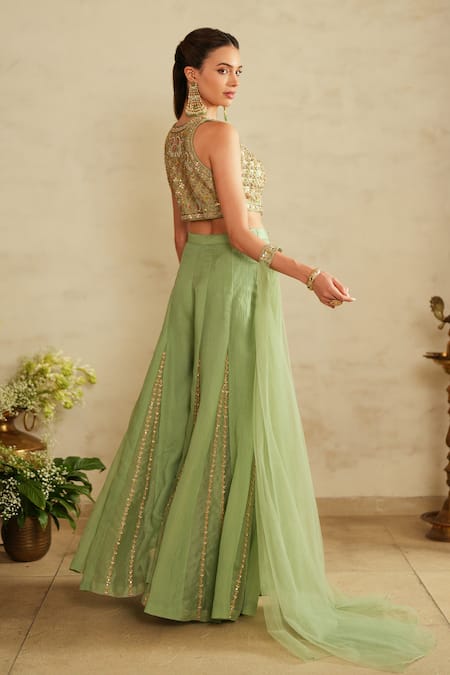 Buy_Saisha_Aqua Silk, Chiffon, Organza Sequins, Embroidery Round Neck Green Blouse Set _Online_at_Aza_Fashions
