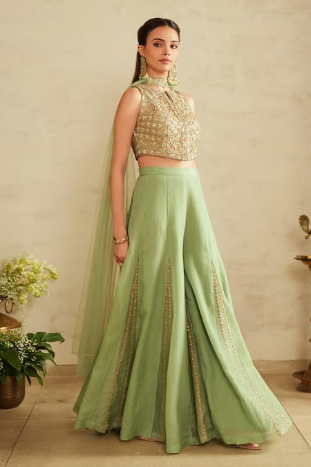 Shop_Saisha_Aqua Silk, Chiffon, Organza Sequins, Embroidery Round Neck Green Blouse Set _Online_at_Aza_Fashions