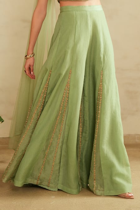 Saisha_Aqua Silk, Chiffon, Organza Sequins, Embroidery Round Neck Green Blouse Set _at_Aza_Fashions