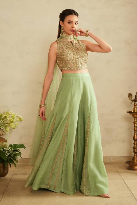 Buy_Saisha_Aqua Silk, Chiffon, Organza Sequins, Embroidery Round Neck Green Blouse Set 