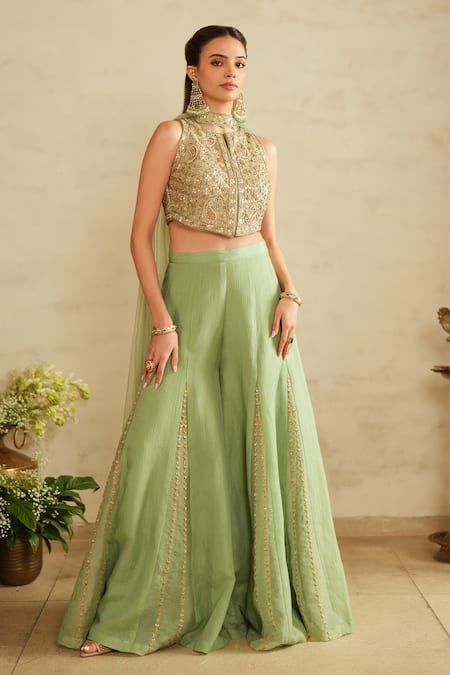 Shop_Saisha_Aqua Silk, Chiffon, Organza Sequins, Embroidery Round Neck Green Blouse Set 