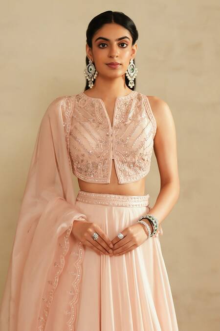 Saisha_Pink Organza, Georgette Fabric Flowers, Embroidery Round Neck Baby Lehenga Set _Online_at_Aza_Fashions