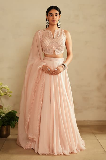 Shop_Saisha_Pink Organza, Georgette Fabric Flowers, Embroidery Round Neck Baby Lehenga Set _Online_at_Aza_Fashions