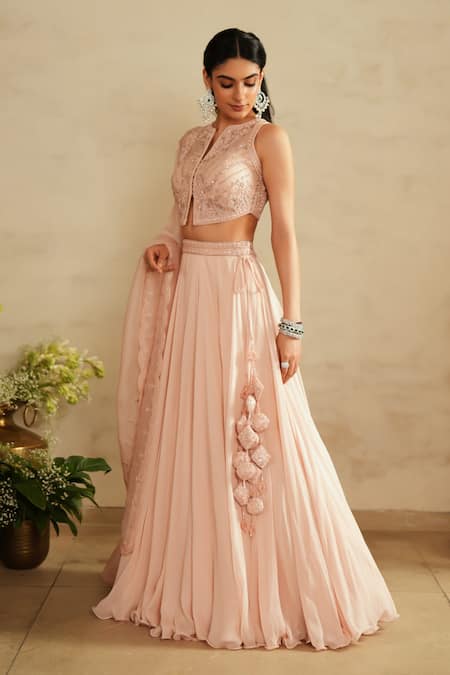 Buy_Saisha_Pink Organza, Georgette Fabric Flowers, Embroidery Round Neck Baby Lehenga Set 
