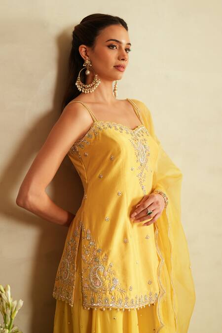 Saisha Yellow Georgette, Silk, Organza Sequins, Embroidery Sweetheart Lemon Kurta Set Online at Aza Fashions Saisha_Yellow Georgette, Silk, Organza Sequins, Embroidery Sweetheart Lemon Kurta Set _Online_at_Aza_Fashions