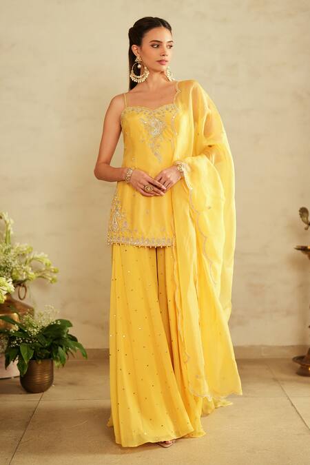 Buy Saisha Yellow Georgette, Silk, Organza Sequins, Embroidery Sweetheart Lemon Kurta Set Online at Aza Fashions Buy_Saisha_Yellow Georgette, Silk, Organza Sequins, Embroidery Sweetheart Lemon Kurta Set _Online_at_Aza_Fashions