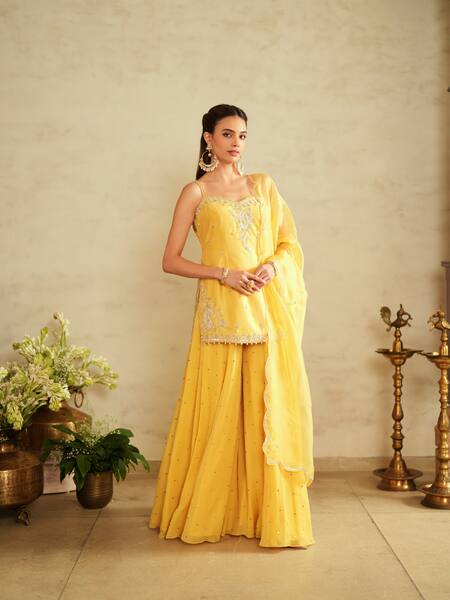 Shop Saisha Yellow Georgette, Silk, Organza Sequins, Embroidery Sweetheart Lemon Kurta Set Online at Aza Fashions Shop_Saisha_Yellow Georgette, Silk, Organza Sequins, Embroidery Sweetheart Lemon Kurta Set _Online_at_Aza_Fashions