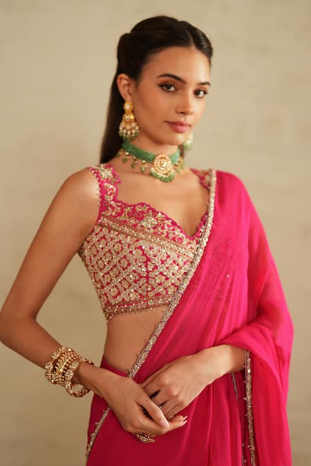 Saisha_Pink Georgette, Silk Beads, Sequins Round Neck Hot Pre-draped Saree Set _Online_at_Aza_Fashions