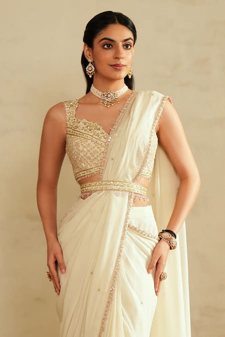 Saisha_Ivory Georgette, Silk Beads Scoop Neck Raw Pre-draped Saree Set _Online_at_Aza_Fashions