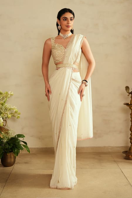 Saisha Ivory Raw Silk Pre-Draped Saree Set 