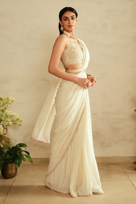 Buy_Saisha_Ivory Georgette, Silk Beads Scoop Neck Raw Pre-draped Saree Set _Online_at_Aza_Fashions