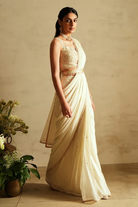 Shop_Saisha_Ivory Georgette, Silk Beads Scoop Neck Raw Pre-draped Saree Set _Online_at_Aza_Fashions