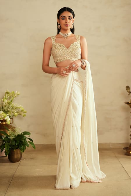 Saisha_Ivory Georgette, Silk Beads Scoop Neck Raw Pre-draped Saree Set _at_Aza_Fashions