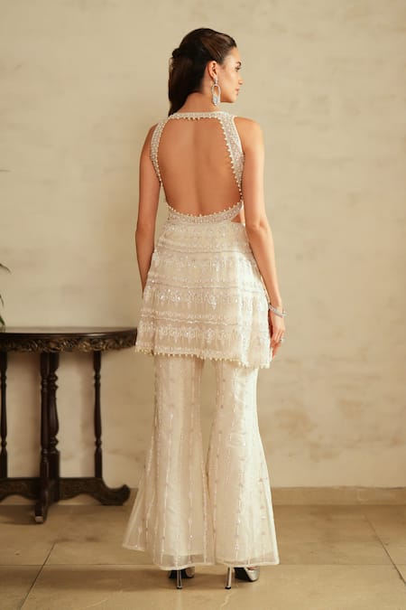 Saisha Ivory Organza Tunic & Bell Bottom Pant Set 