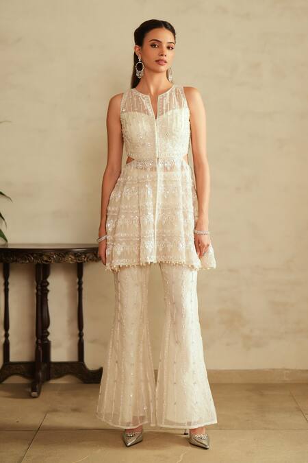 Shop_Saisha_Ivory Organza Sequins, Beads, Embroidery Round Neck Tunic And Bell Bottom Pant Set _Online_at_Aza_Fashions