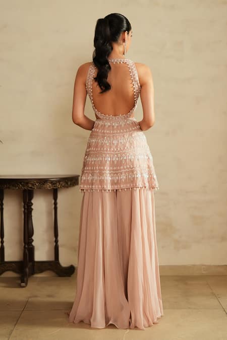 Saisha Salmon Pink Halterneck Kurta & Sharara Set 