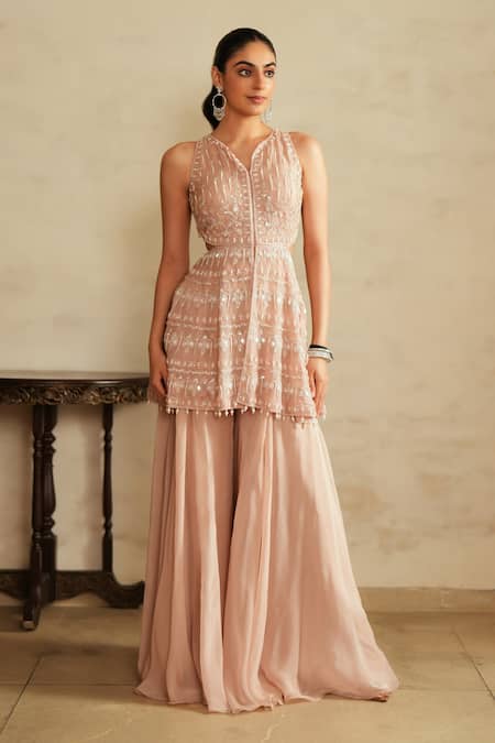 Saisha Salmon Pink Halterneck Kurta & Sharara Set 