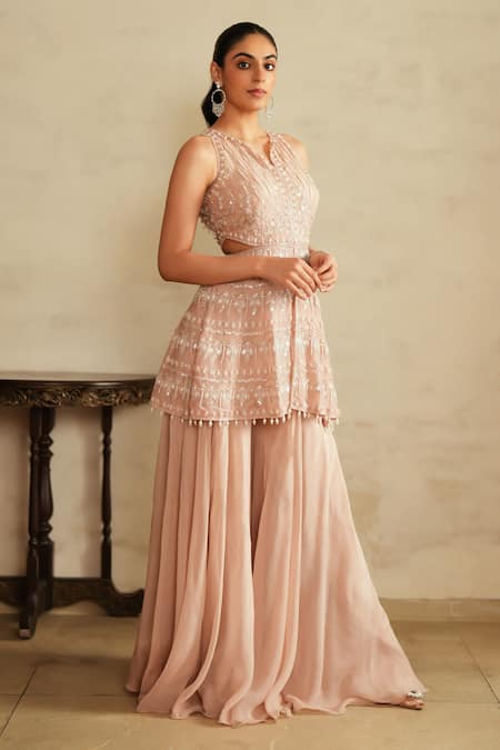 Buy_Saisha_Pink Organza, Chiffon Tassels, Embroidery Halter Salmon Kurta And Sharara Set _Online_at_Aza_Fashions