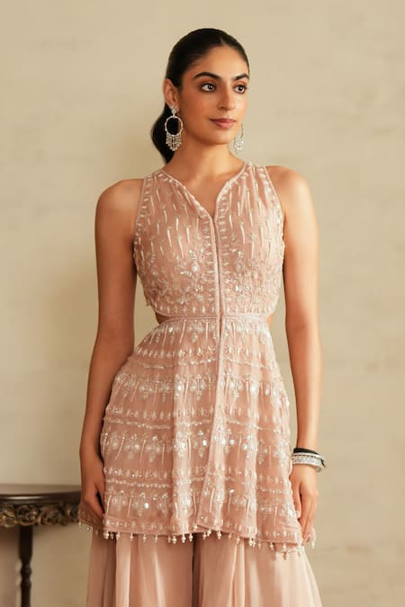 Saisha_Pink Organza, Chiffon Tassels, Embroidery Halter Salmon Kurta And Sharara Set _at_Aza_Fashions