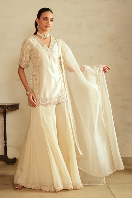 Shop_Saisha_Ivory Georgette, , Organza, Chanderi Embroidery V-neck Kurta Set _Online_at_Aza_Fashions