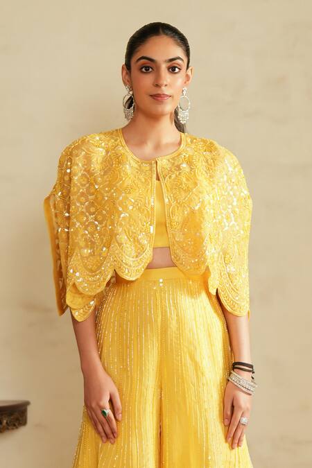 Saisha_Lime Organza, Georgette Embroidery, Sequins Round Neck Lemon Yellow Sharara Set _Online_at_Aza_Fashions