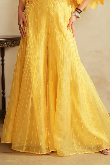 Buy_Saisha_Lime Organza, Georgette Embroidery, Sequins Round Neck Lemon Yellow Sharara Set _Online_at_Aza_Fashions