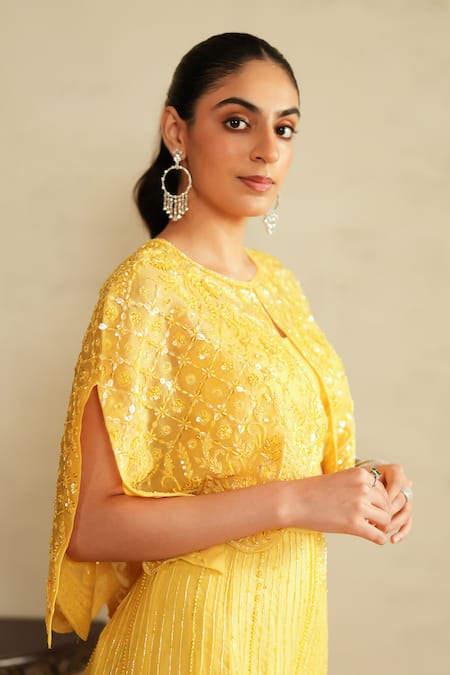 Saisha_Lime Organza, Georgette Embroidery, Sequins Round Neck Lemon Yellow Sharara Set _at_Aza_Fashions