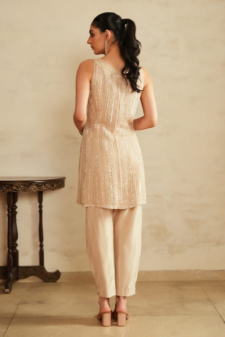 Saisha Beige Gold Sequin Kurta Set 