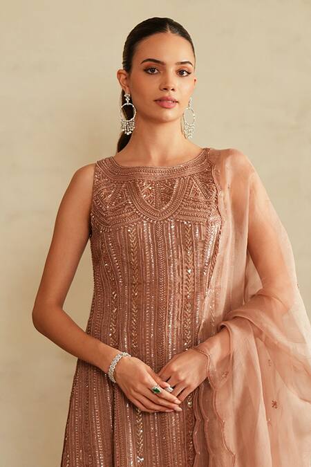 Saisha_Brown Silk, Organza Sequins, Embroidery Round Neck Embellished Kurta Set _Online_at_Aza_Fashions