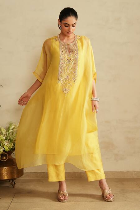 Buy_Saisha_Yellow Organza, Silk Embroidery Round Neck Lemon Kaftan Set _Online_at_Aza_Fashions