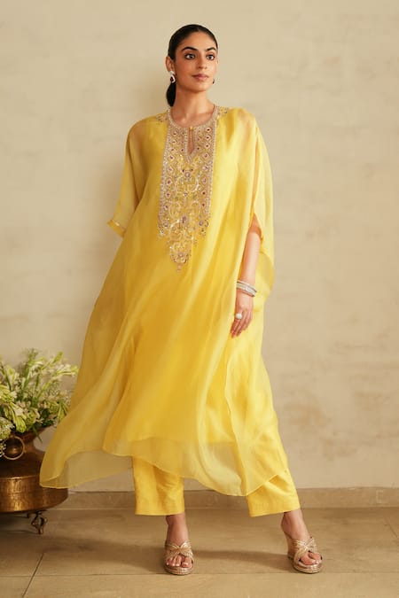 Shop_Saisha_Yellow Organza, Silk Embroidery Round Neck Lemon Kaftan Set _Online_at_Aza_Fashions