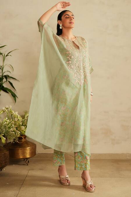 Saisha_Green Organza, Cotton Embroidery Round Neck Sea Kaftan Set _Online_at_Aza_Fashions