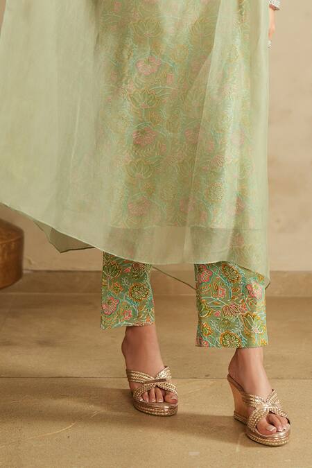 Buy_Saisha_Green Organza, Cotton Embroidery Round Neck Sea Kaftan Set _Online_at_Aza_Fashions