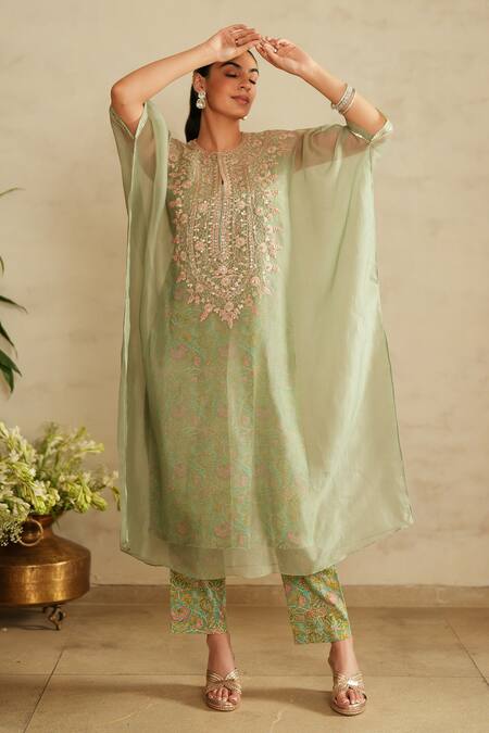 Shop_Saisha_Green Organza, Cotton Embroidery Round Neck Sea Kaftan Set _Online_at_Aza_Fashions