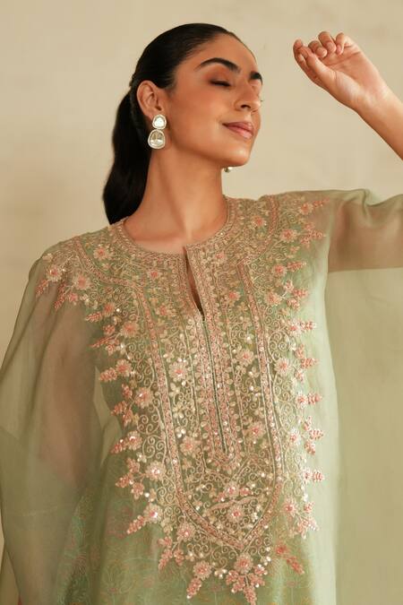 Saisha_Green Organza, Cotton Embroidery Round Neck Sea Kaftan Set _at_Aza_Fashions
