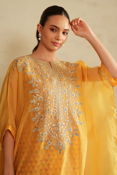 Saisha_Yellow Organza, Cotton Embroidery Round Neck Kaftan Set _at_Aza_Fashions