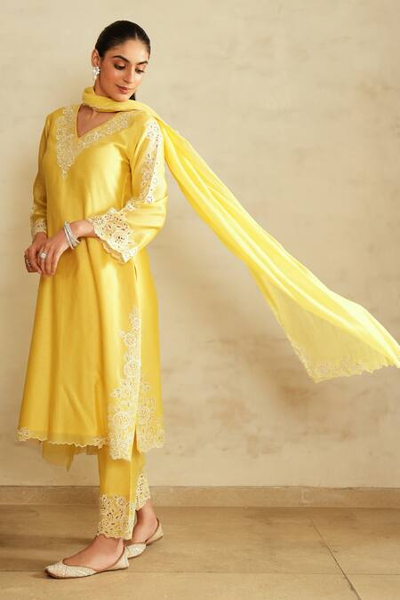 Shop_Saisha_Yellow Chanderi Silk, Cotton Embroidery, Lace V-neck Lemon Kurta Set _Online_at_Aza_Fashions