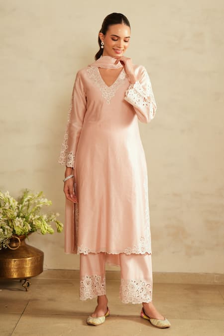 Buy_Saisha_Pink Chanderi , Cotton, Chanderi, Lace, Embroidery Baby Kurta Set _Online_at_Aza_Fashions