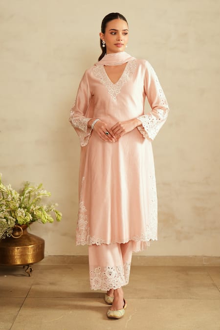 Shop_Saisha_Pink Chanderi , Cotton, Chanderi, Lace, Embroidery Baby Kurta Set _Online_at_Aza_Fashions